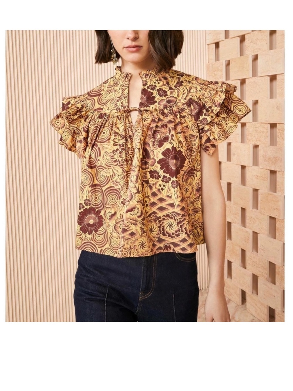 Ulla Johnson Yellow and Brown Floral Ruffle-Yoke Blouse